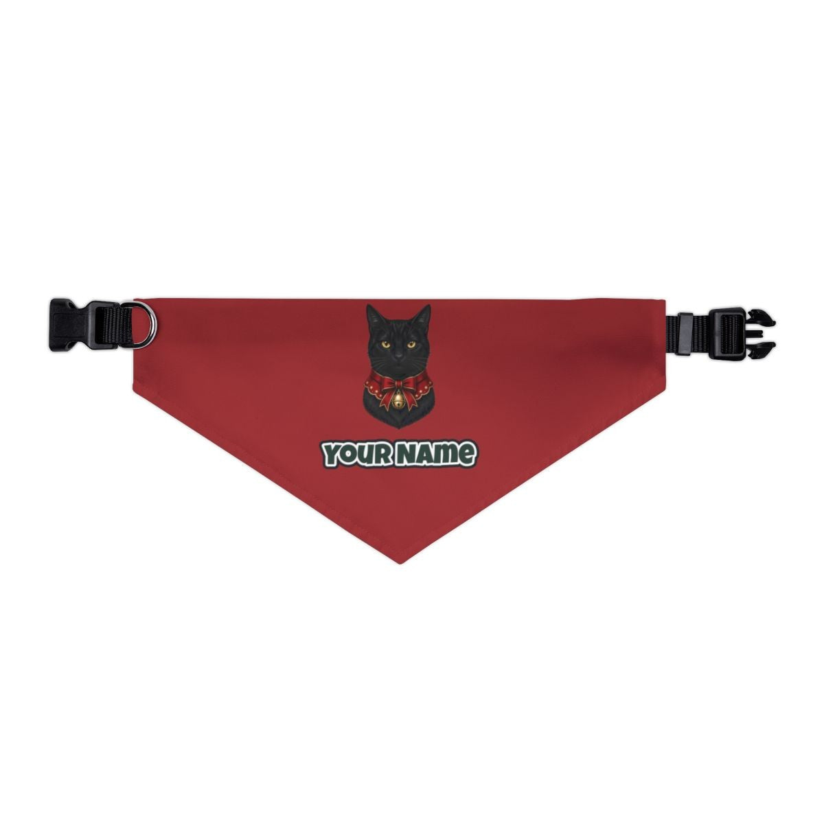 Black Cat In Bell Collar personalised Christmas pet bandana in red, collar with buckle