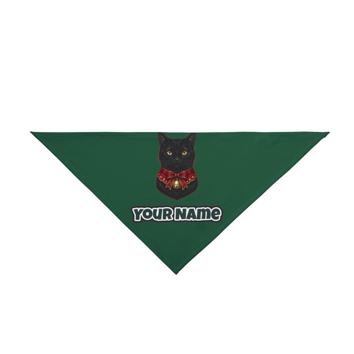 Black Cat In Bell Collar personalised Christmas pet bandana in green, tie-on style
