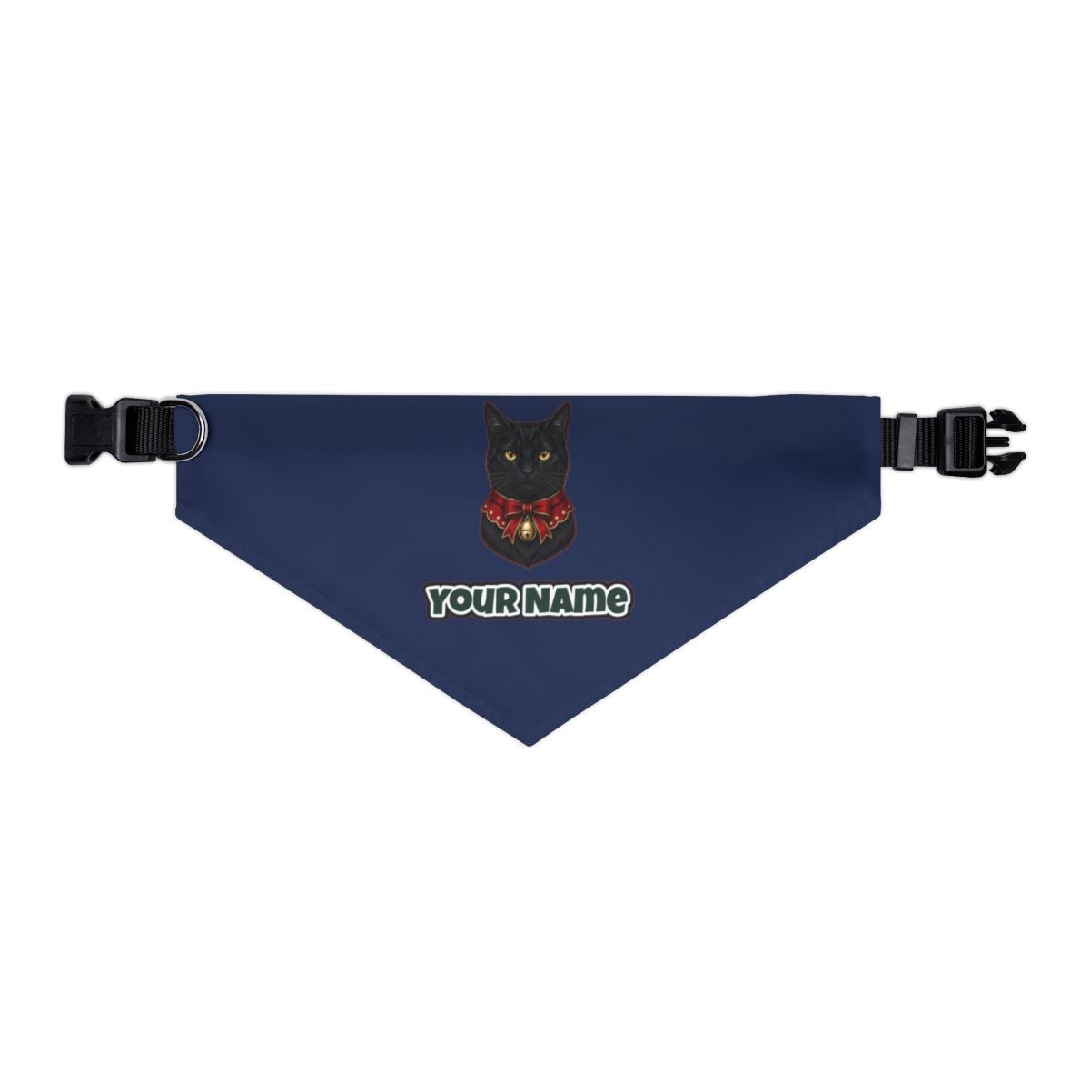 Black Cat In Bell Collar personalised Christmas pet bandana in navy, collar with buckle