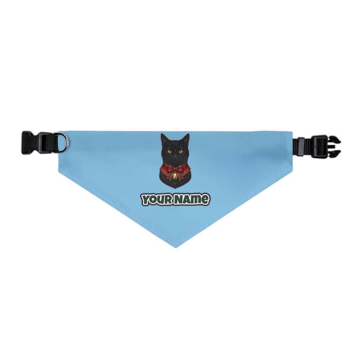 Black Cat In Bell Collar personalised Christmas pet bandana in sky blue, collar with buckle