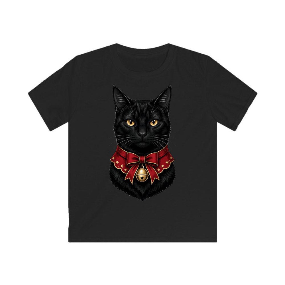 Black Cat In Bell Collar personalised kids Christmas tee in black