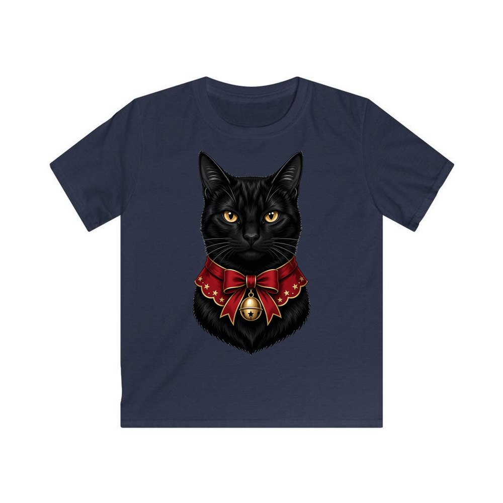 Black Cat In Bell Collar personalised kids Christmas tee in navy