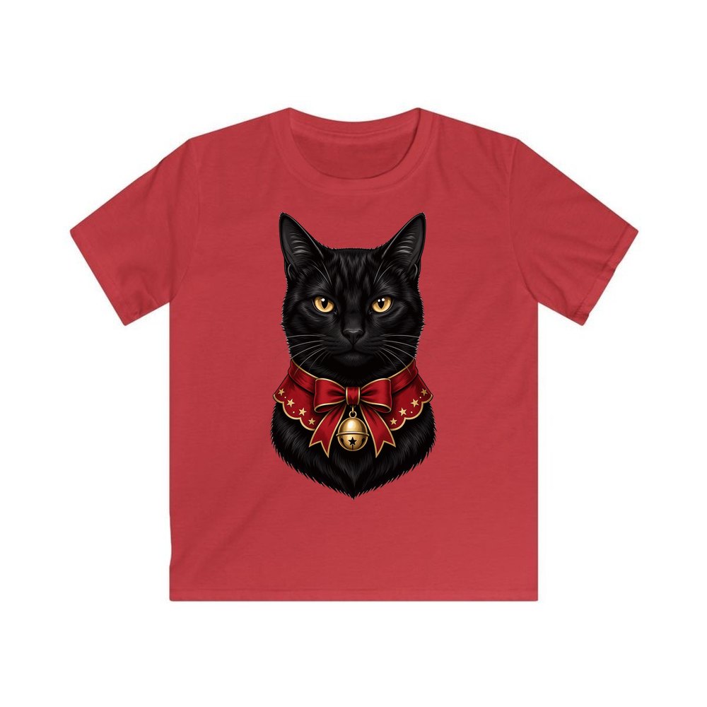 Black Cat In Bell Collar personalised kids Christmas tee in red