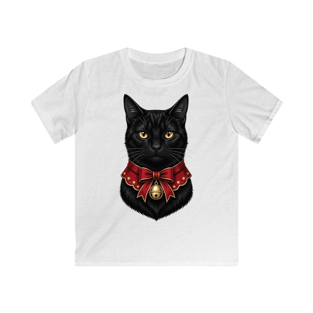Black Cat In Bell Collar personalised kids Christmas tee in white