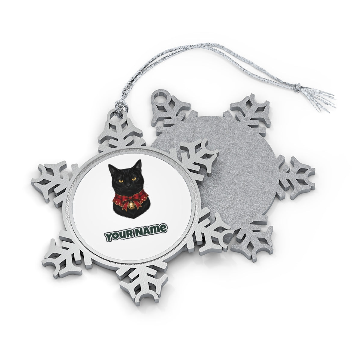 Black Cat In Bell Collar Personalised Pewter Christmas Ornament