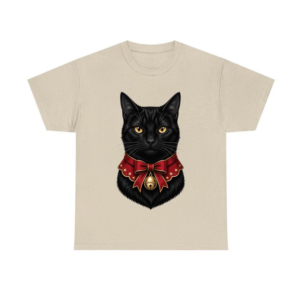Black Cat In Bell Collar personalised Christmas T-shirt in sand