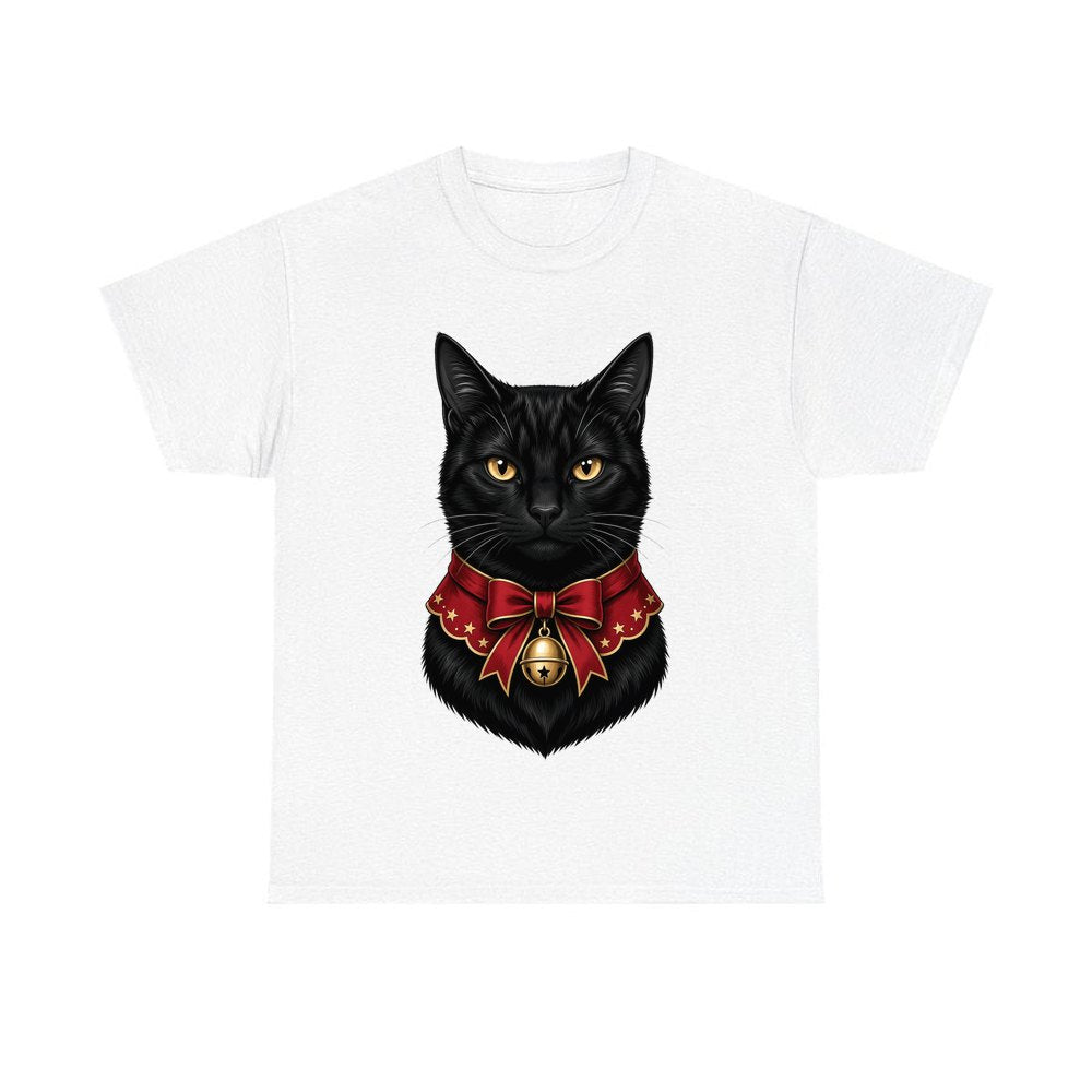 Black Cat In Bell Collar personalised Christmas T-shirt in white