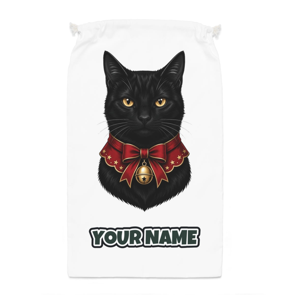 Black Cat In Bell Collar Santa sack laid flat, showing the full print
