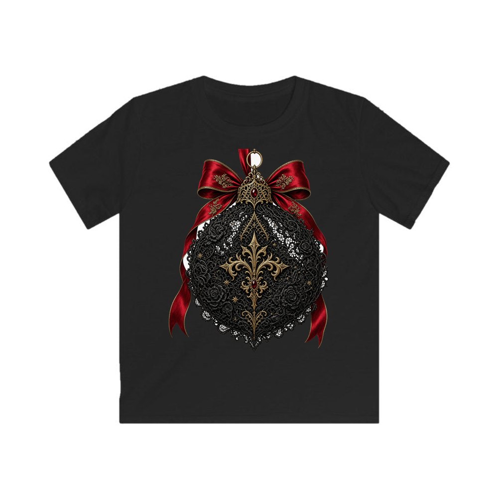 Black Lace And Gold Bauble personalised kids Christmas tee in black