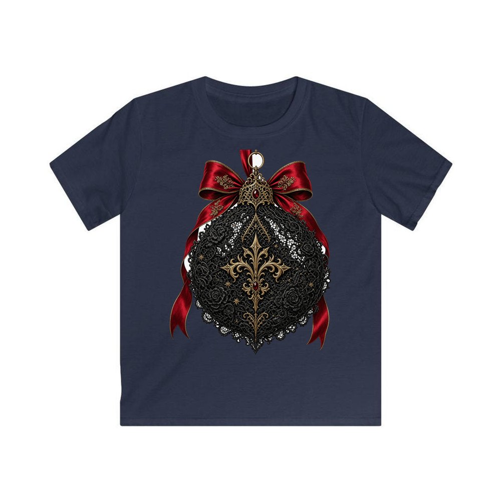 Black Lace And Gold Bauble personalised kids Christmas tee in navy