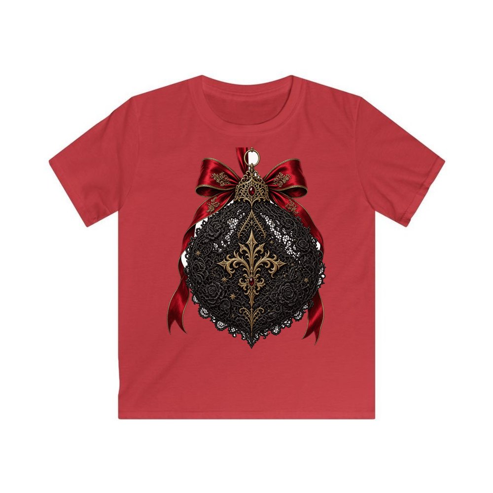 Black Lace And Gold Bauble personalised kids Christmas tee in red