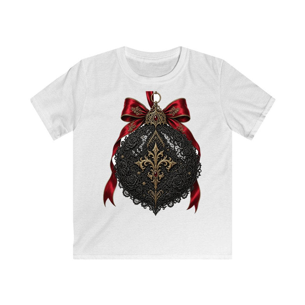 Black Lace And Gold Bauble personalised kids Christmas tee in white