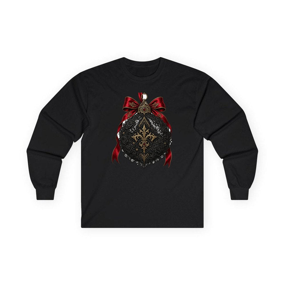 Black Lace And Gold Bauble personalised long sleeve Christmas T-shirt in black