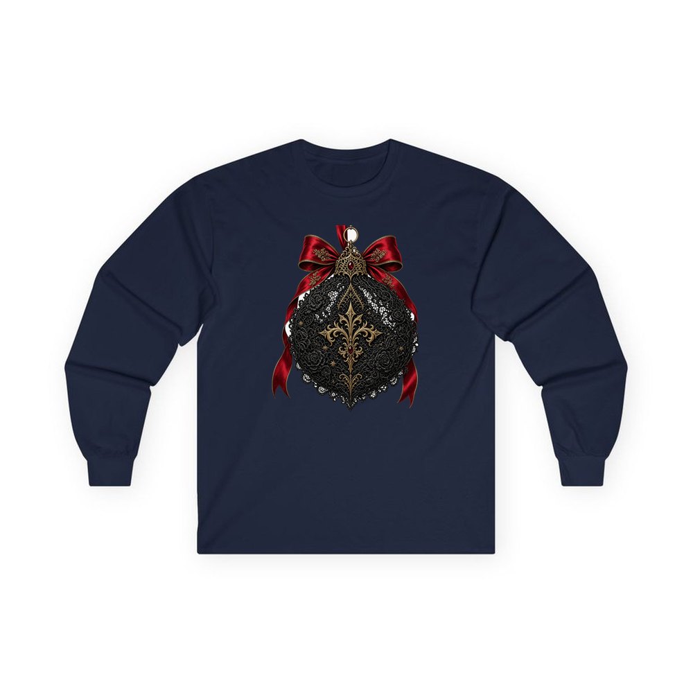 Black Lace And Gold Bauble personalised long sleeve Christmas T-shirt in navy