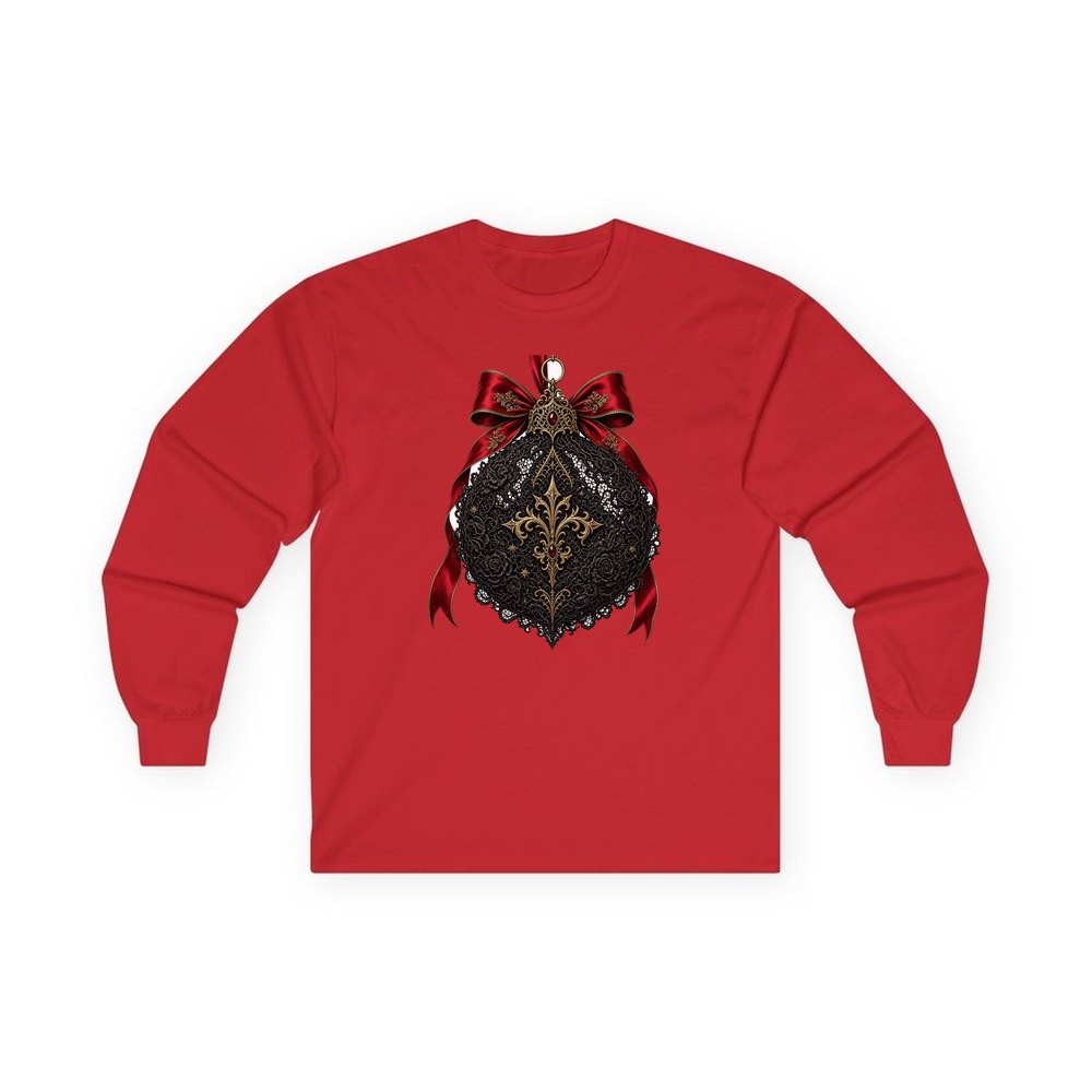 Black Lace And Gold Bauble personalised long sleeve Christmas T-shirt in red