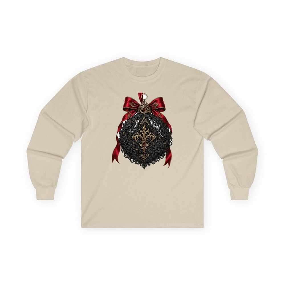 Black Lace And Gold Bauble personalised long sleeve Christmas T-shirt in sand