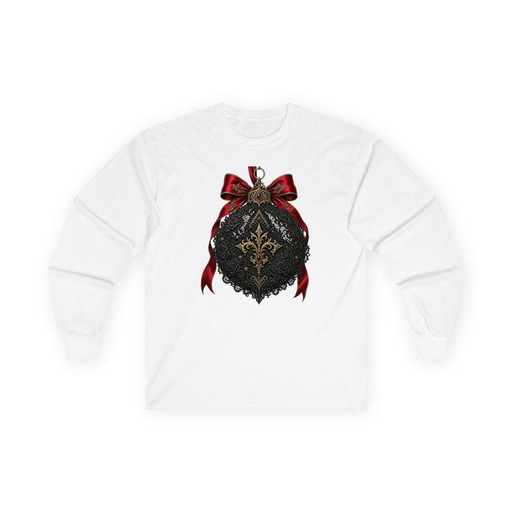 Black Lace And Gold Bauble personalised long sleeve Christmas T-shirt in white