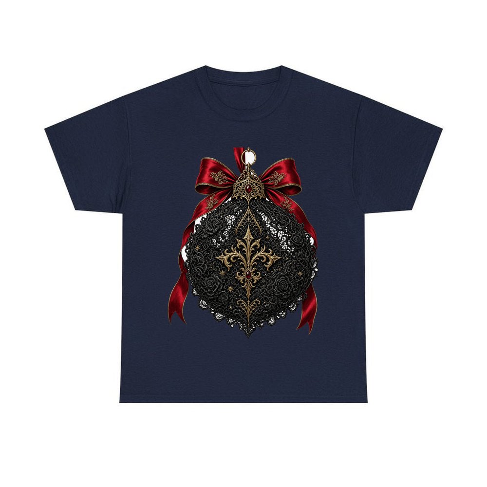 Black Lace And Gold Bauble personalised Christmas T-shirt in navy