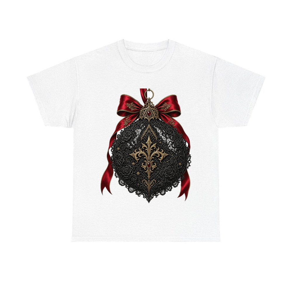 Black Lace And Gold Bauble personalised Christmas T-shirt in white