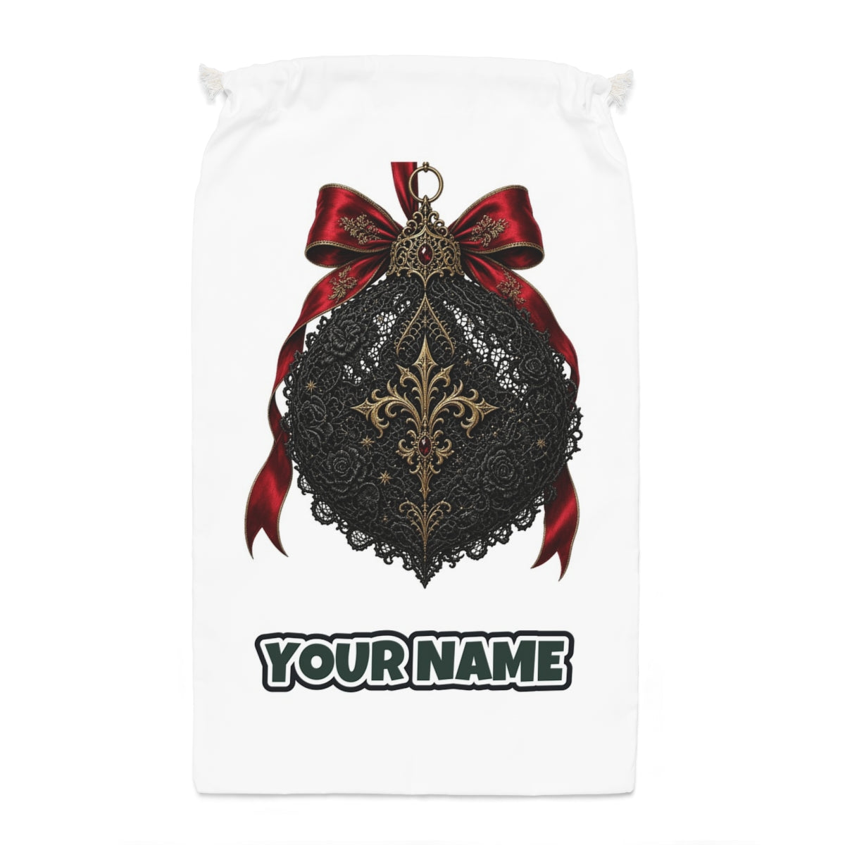 Black Lace And Gold Bauble Santa sack laid flat, showing the full print