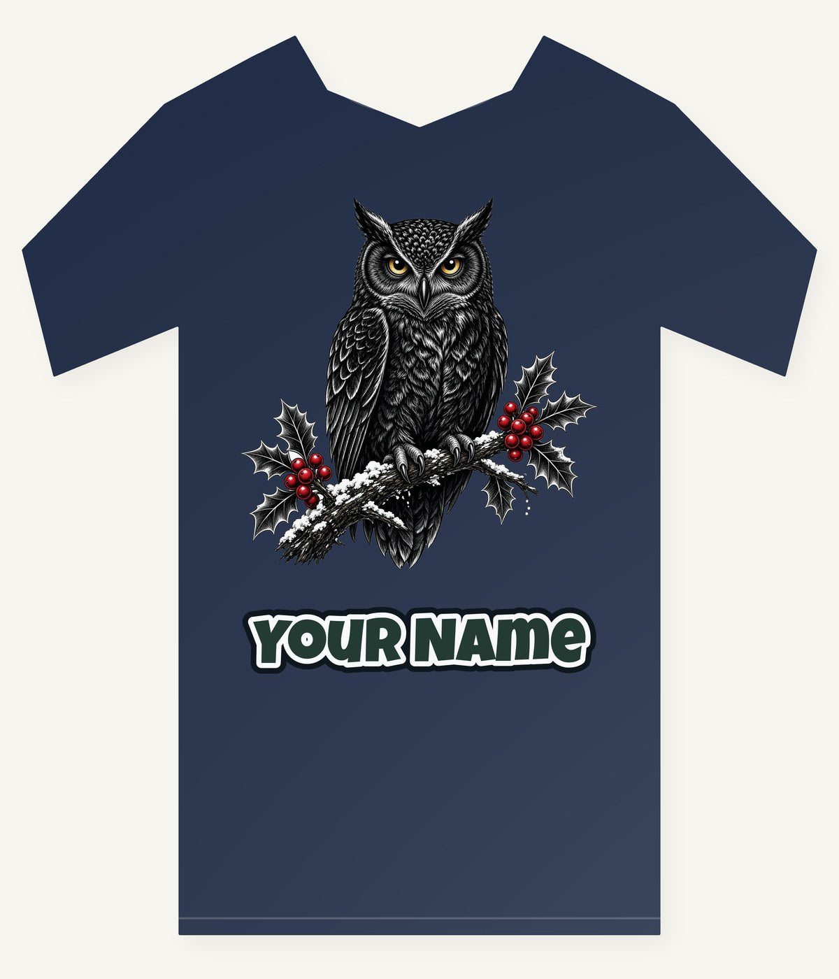 Black Owl On Holly Branch Personalised Kids Tee and Baby Bodysuit
