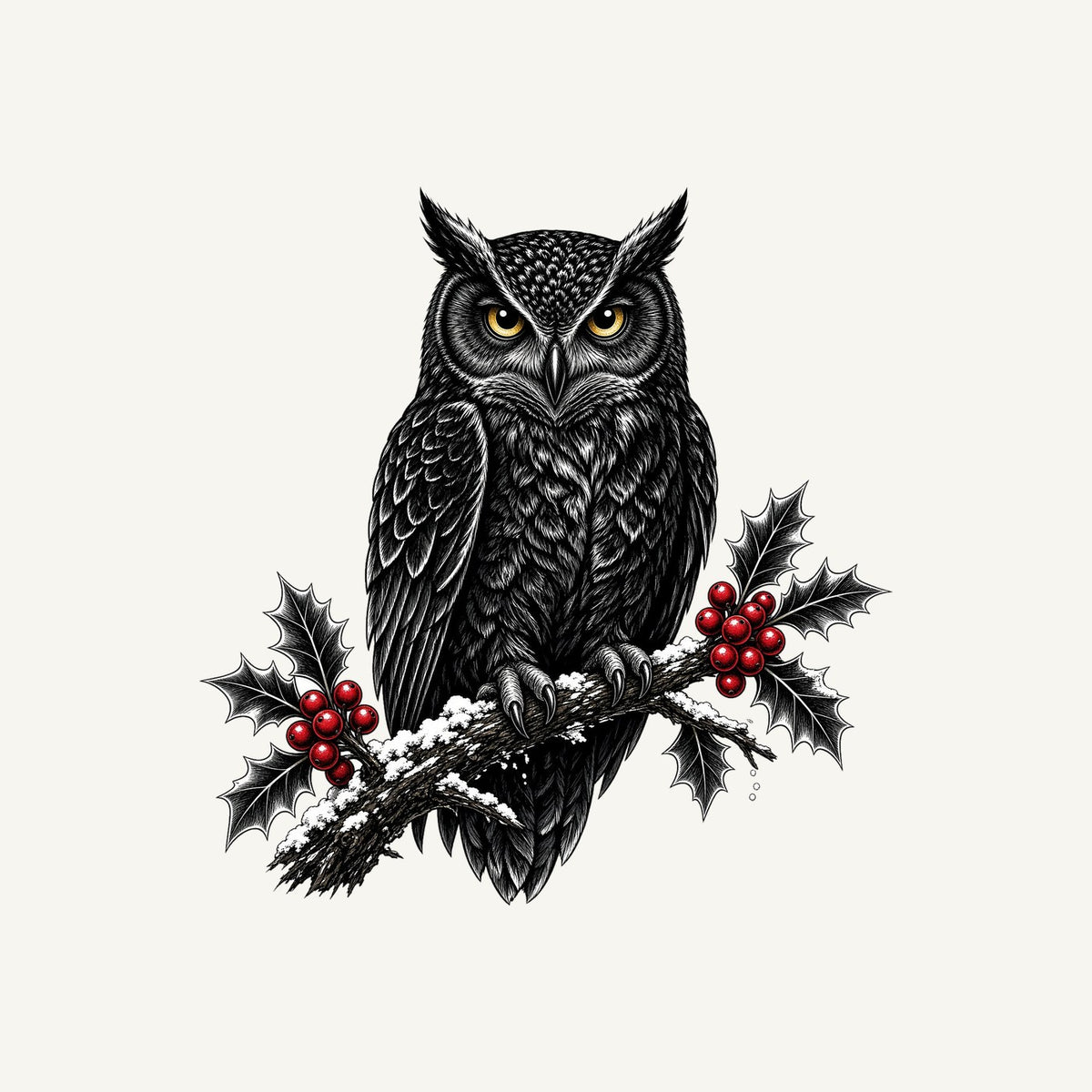 Black Owl On Holly Branch Personalised Kids Tee and Baby Bodysuit