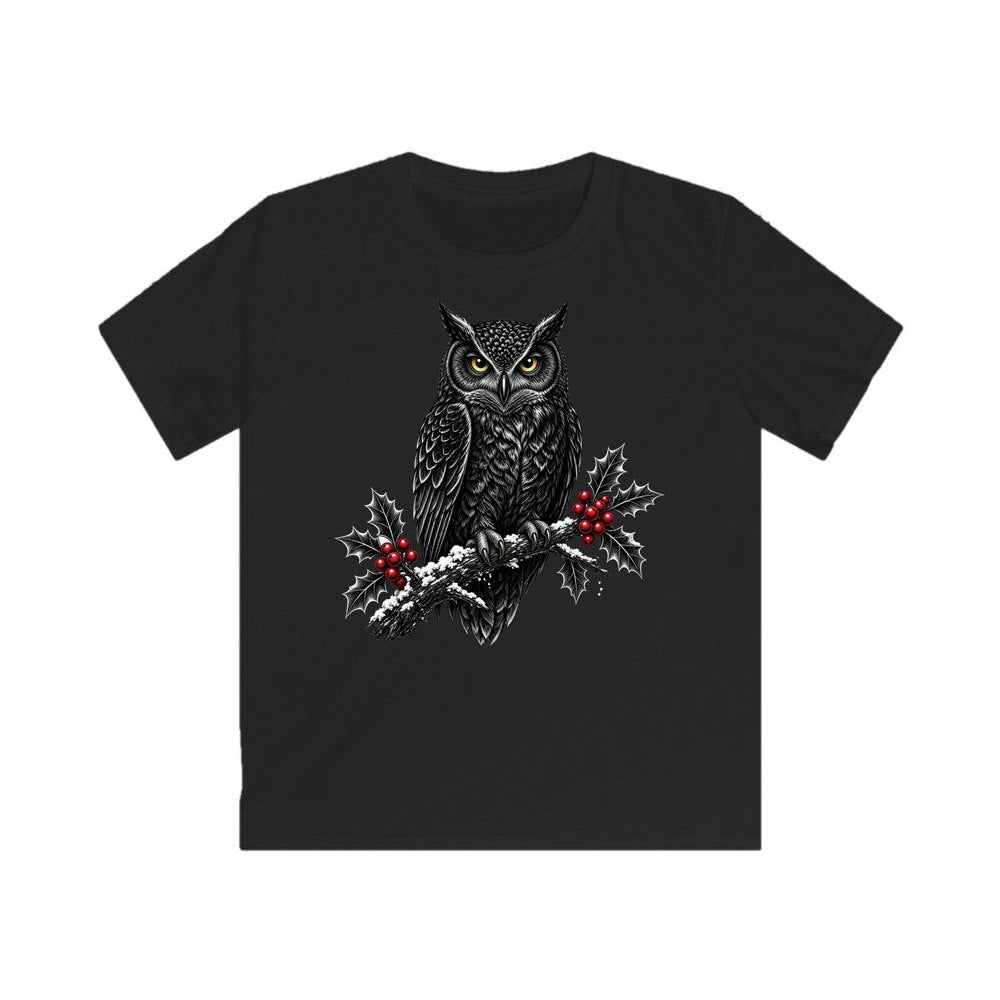 Black Owl On Holly Branch personalised kids Christmas tee in black