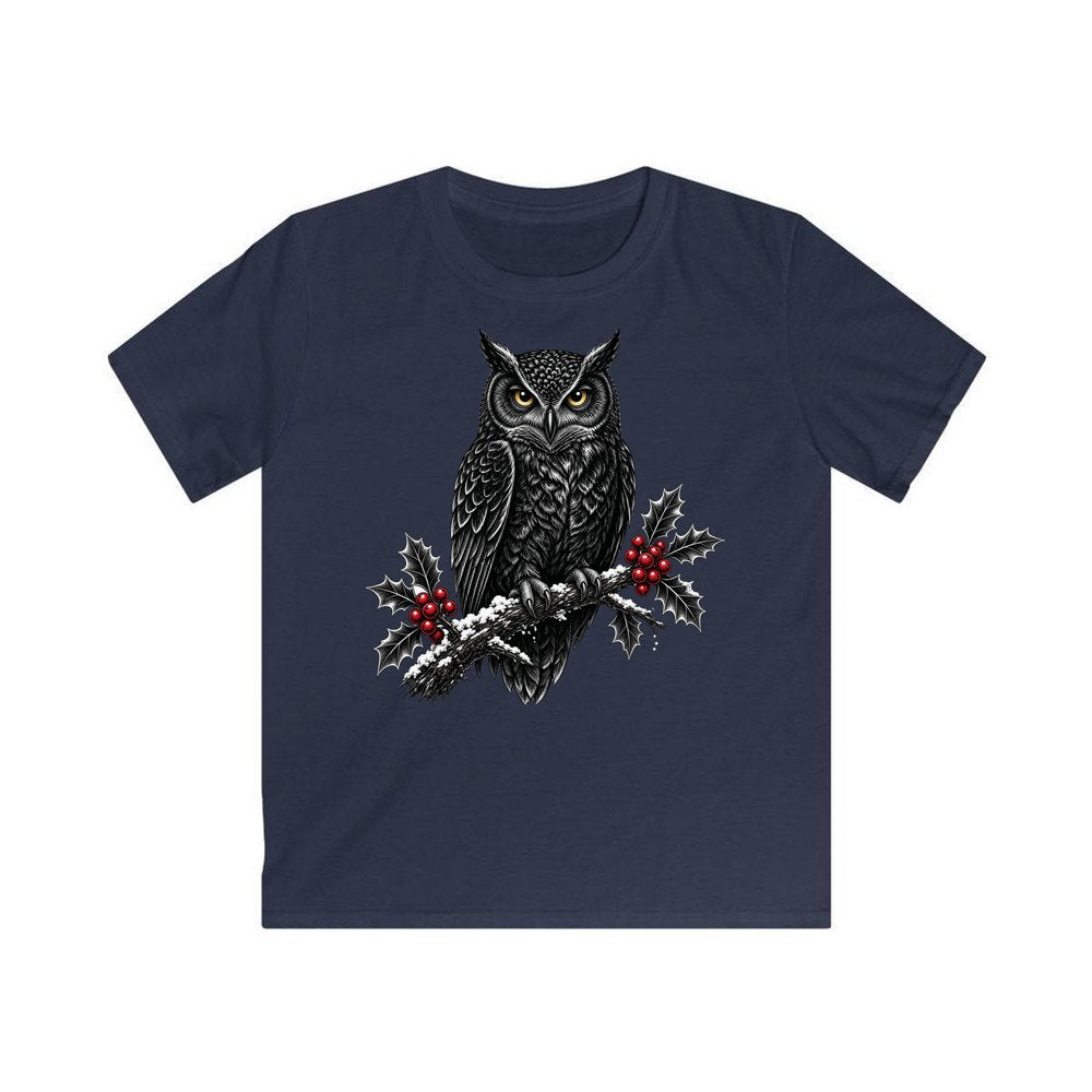 Black Owl On Holly Branch personalised kids Christmas tee in navy