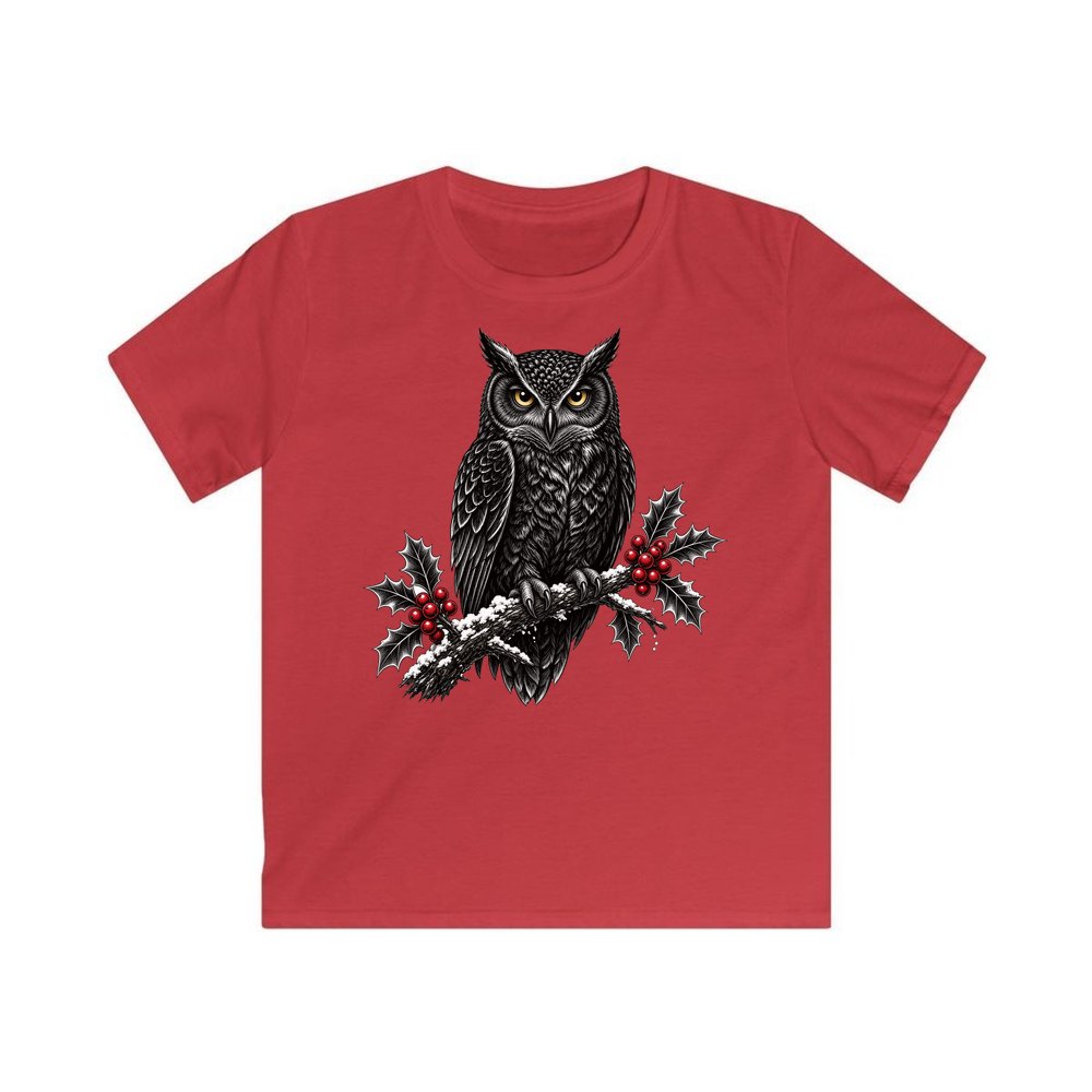 Black Owl On Holly Branch personalised kids Christmas tee in red