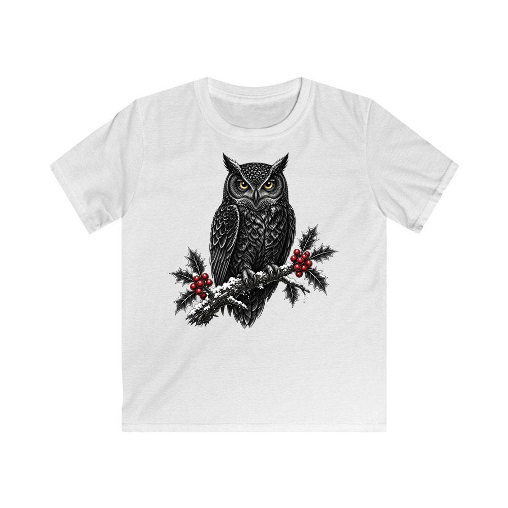 Black Owl On Holly Branch personalised kids Christmas tee in white