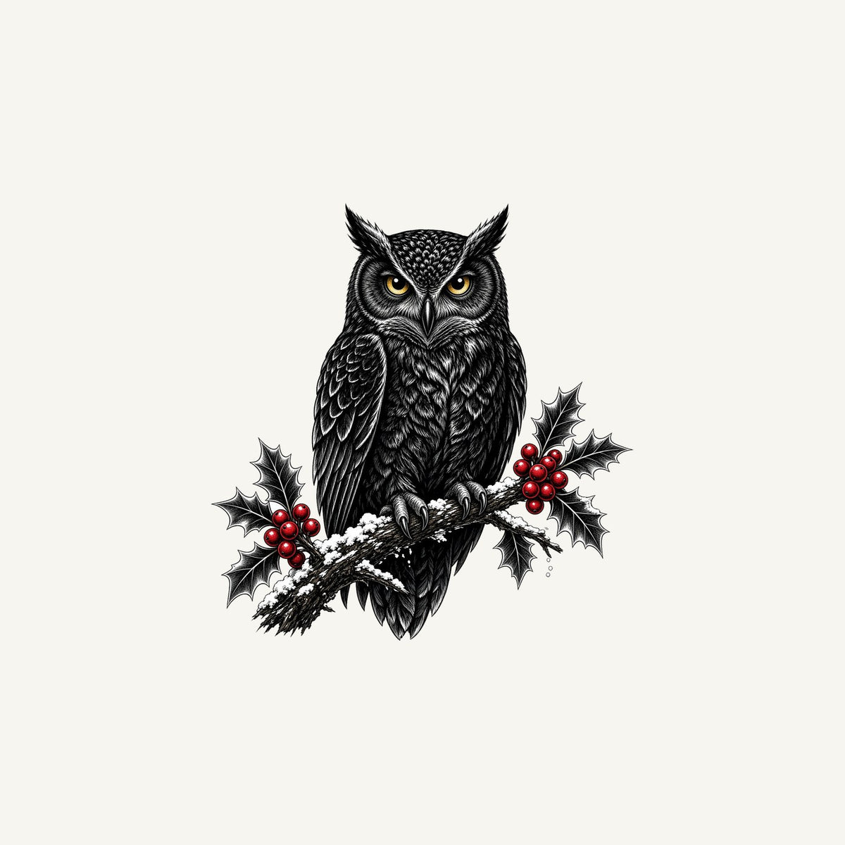 Black Owl On Holly Branch Personalised Christmas Mug
