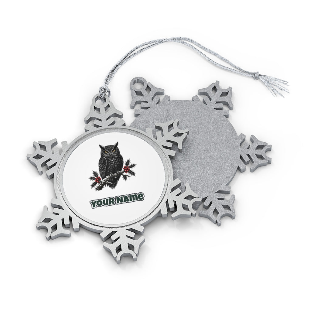 Black Owl On Holly Branch Personalised Pewter Christmas Ornament