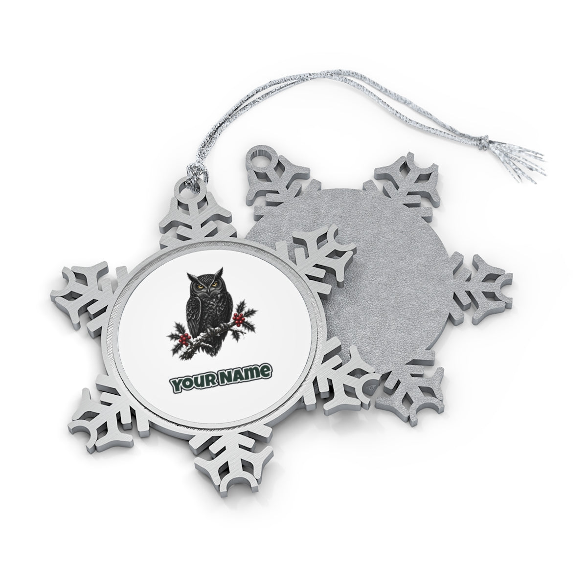 Black Owl On Holly Branch Personalised Pewter Christmas Ornament