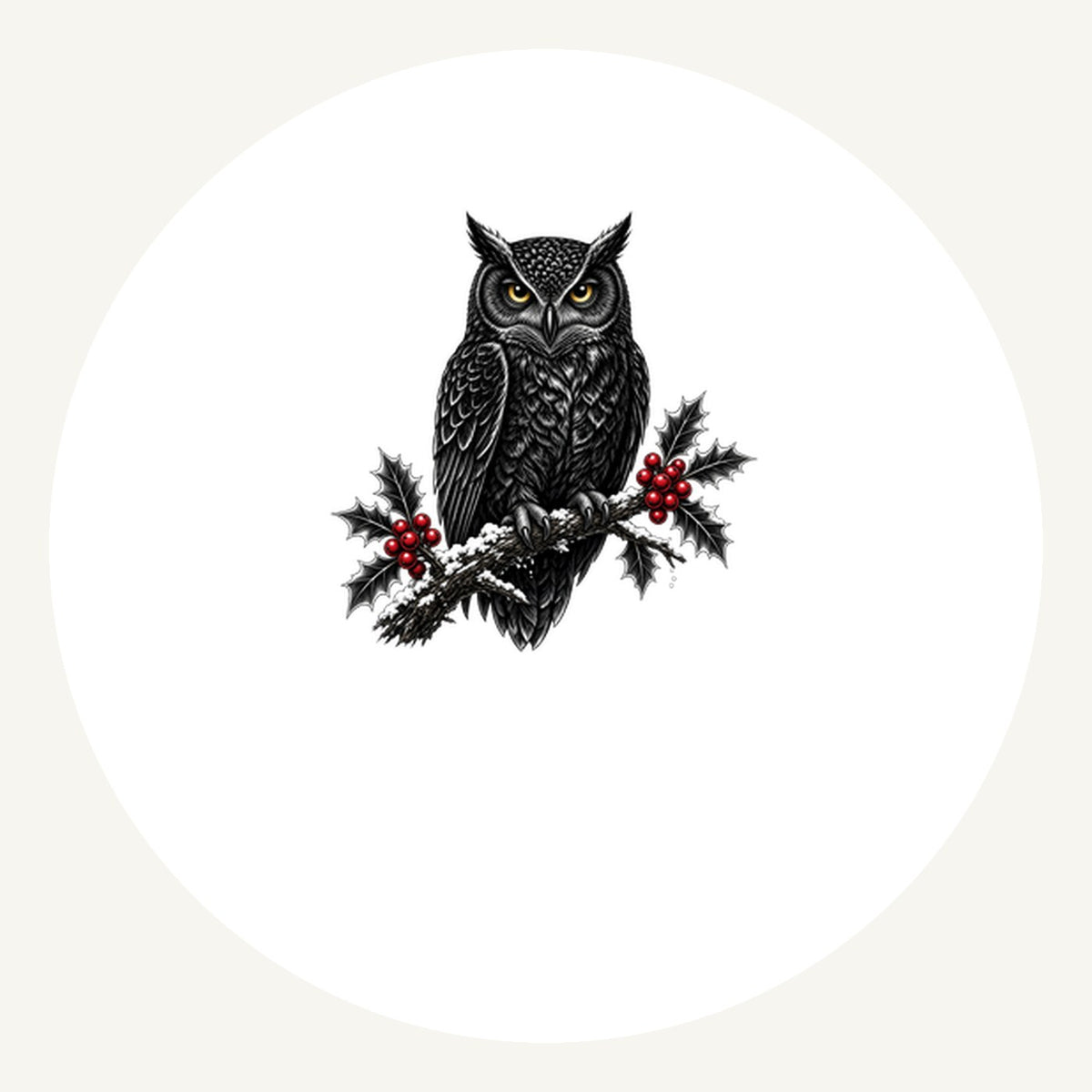 Black Owl On Holly Branch Personalised Pewter Christmas Ornament