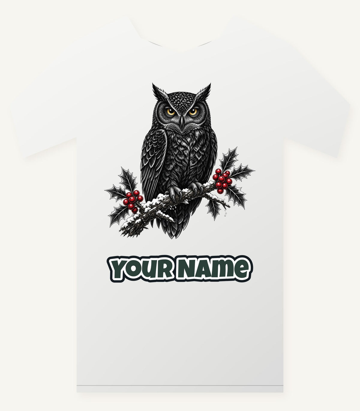 Black Owl On Holly Branch Personalised Christmas T-Shirt and Hoodie