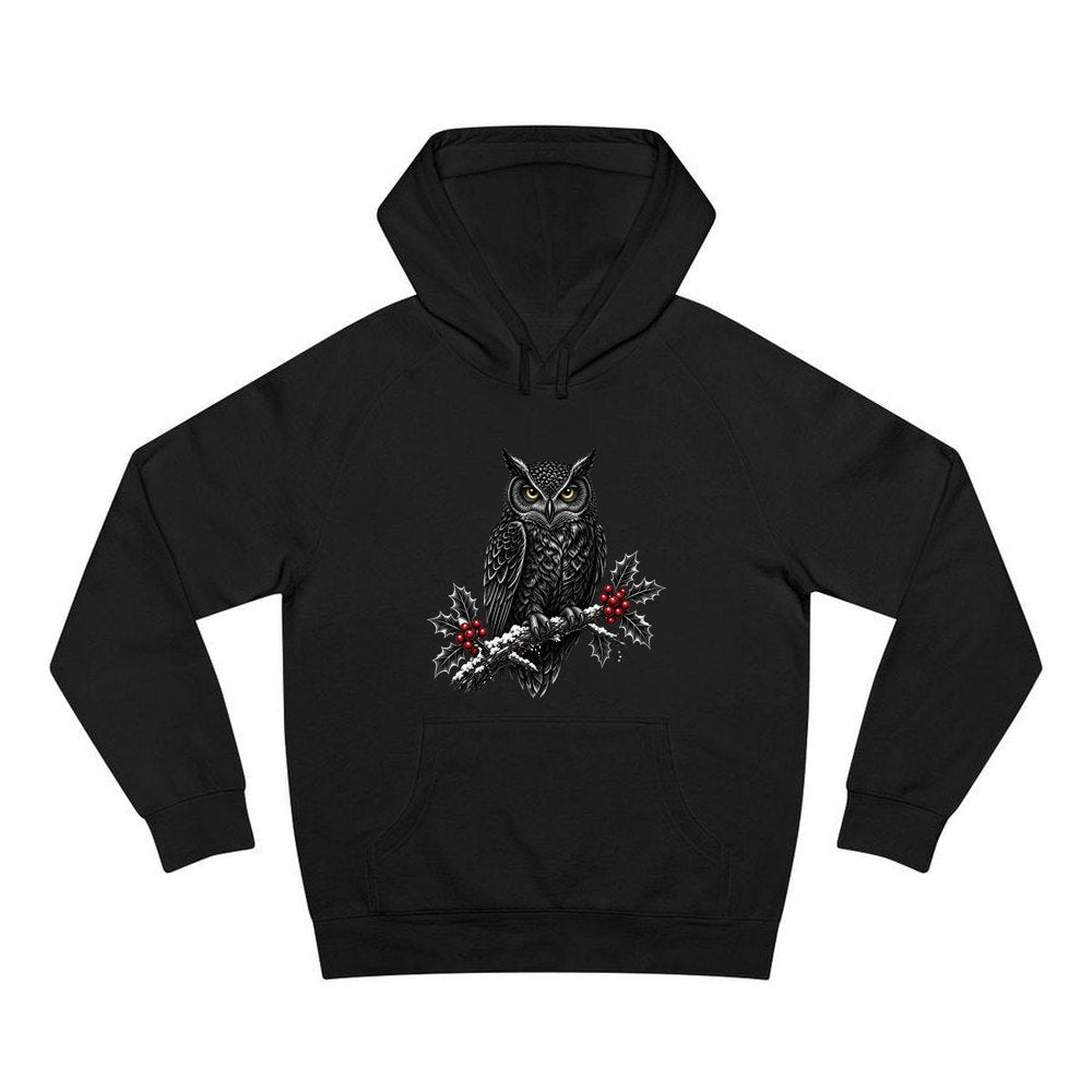 Black Owl On Holly Branch personalised Christmas hoodie in black