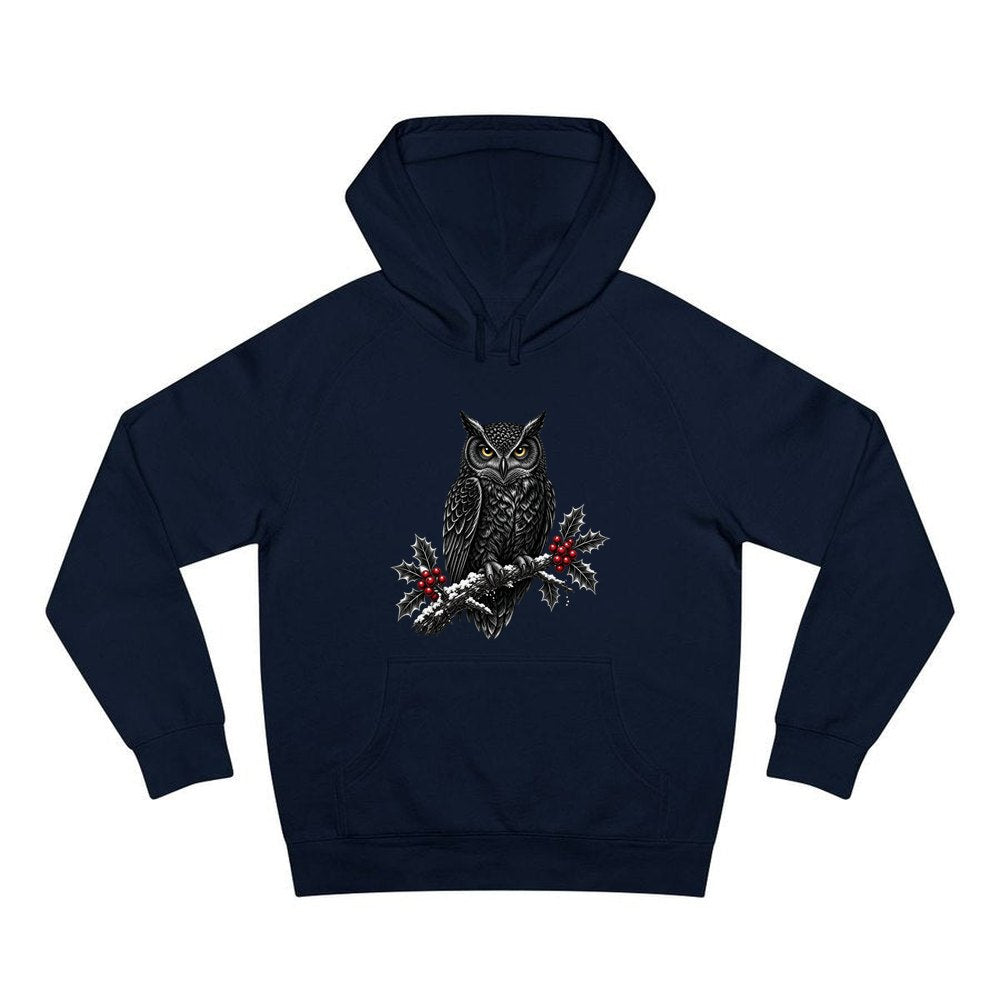 Black Owl On Holly Branch personalised Christmas hoodie in navy