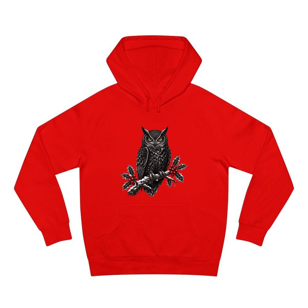 Black Owl On Holly Branch personalised Christmas hoodie in red