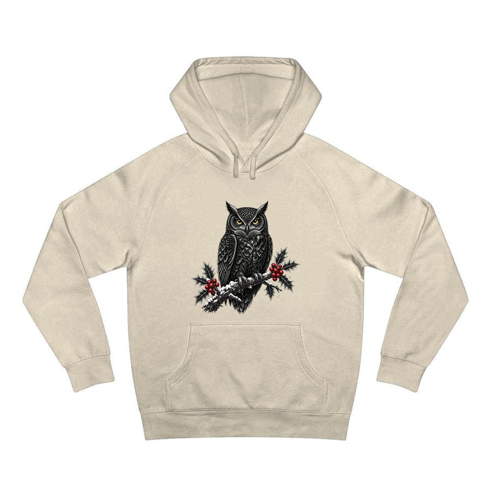 Black Owl On Holly Branch personalised Christmas hoodie in sand