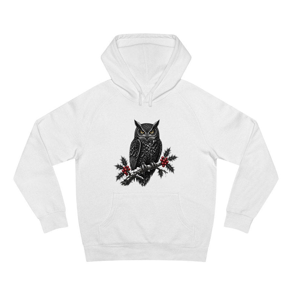 Black Owl On Holly Branch personalised Christmas hoodie in white