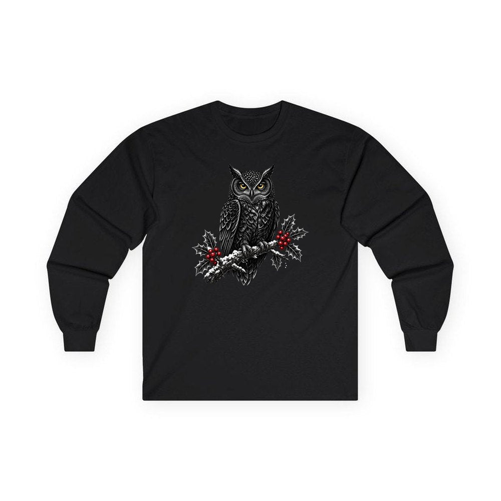 Black Owl On Holly Branch personalised long sleeve Christmas T-shirt in black