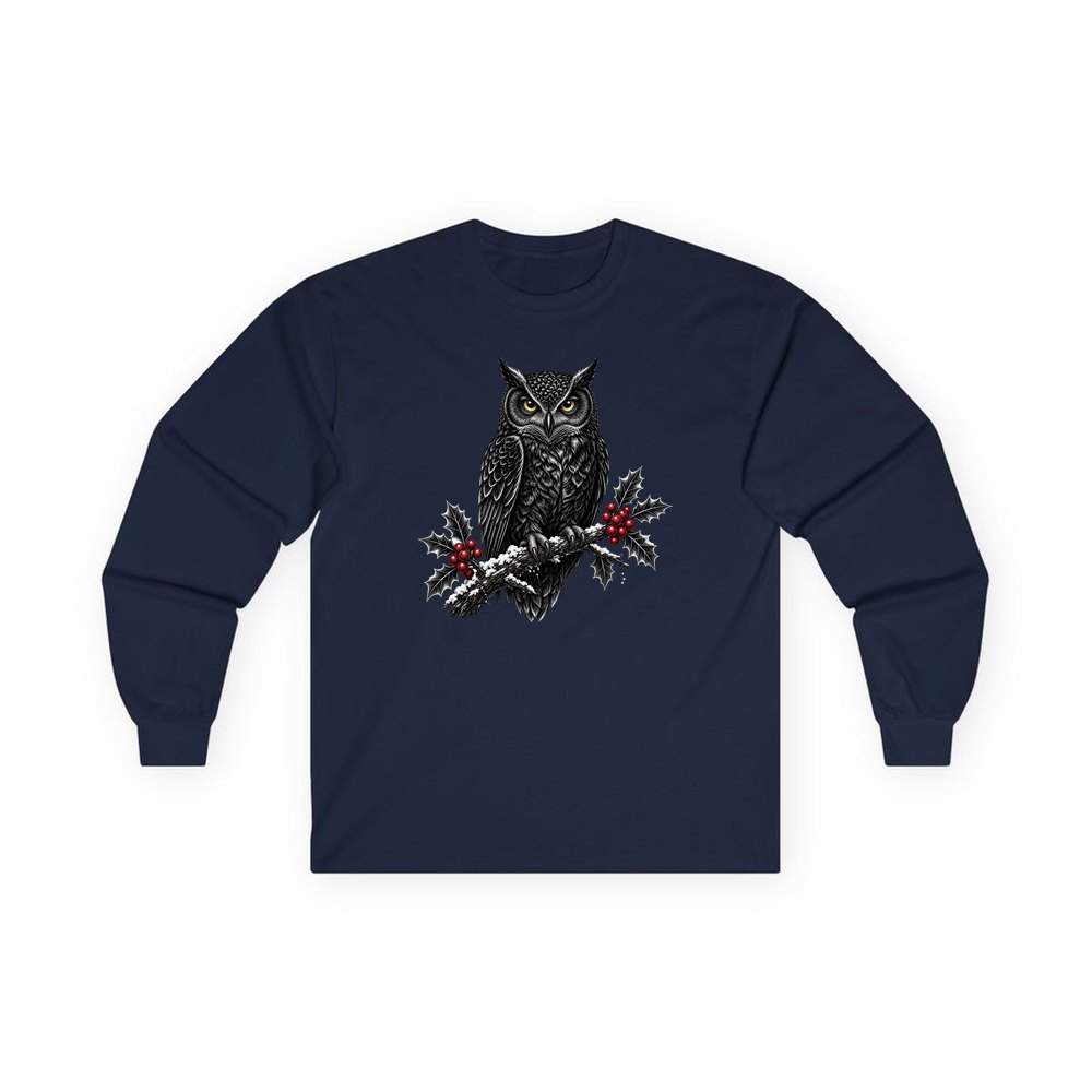 Black Owl On Holly Branch personalised long sleeve Christmas T-shirt in navy
