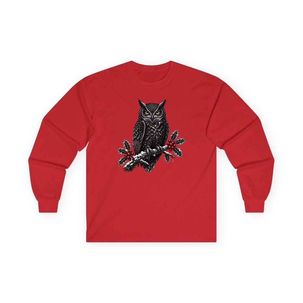Black Owl On Holly Branch personalised long sleeve Christmas T-shirt in red