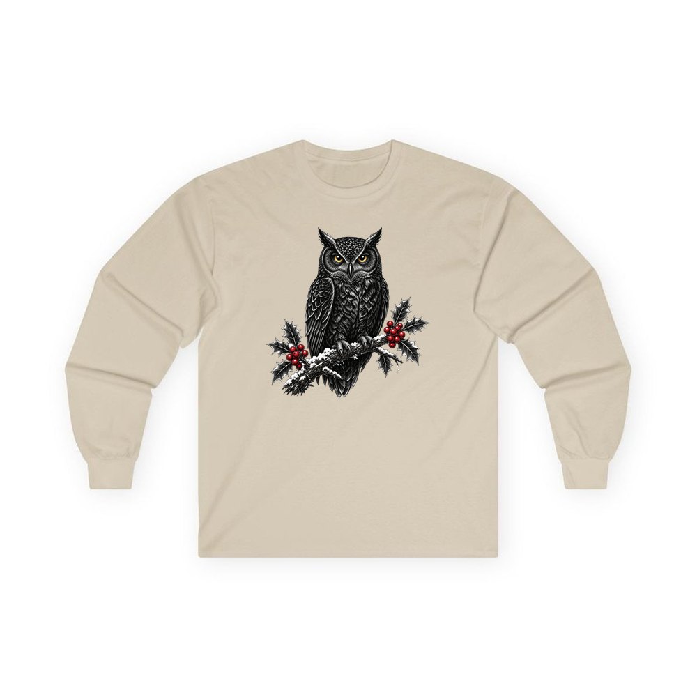 Black Owl On Holly Branch personalised long sleeve Christmas T-shirt in sand