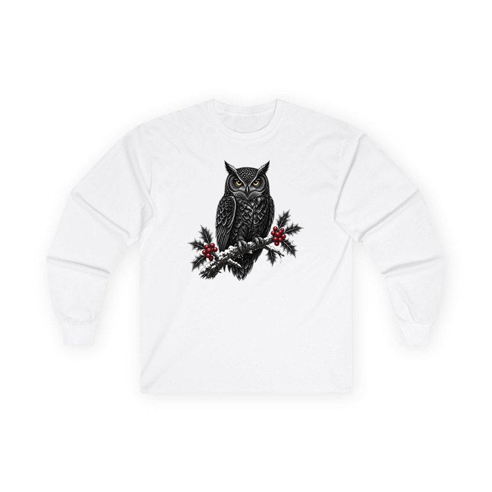Black Owl On Holly Branch personalised long sleeve Christmas T-shirt in white