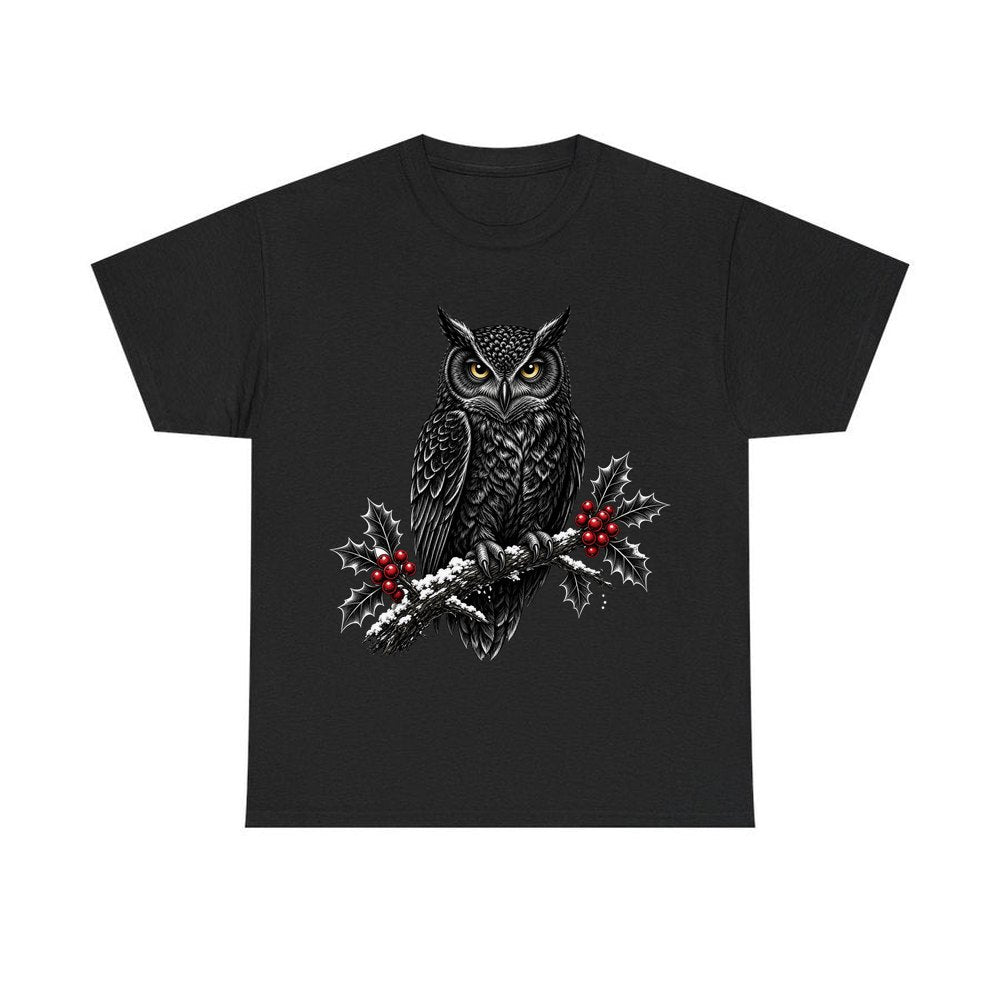 Black Owl On Holly Branch personalised Christmas T-shirt in black