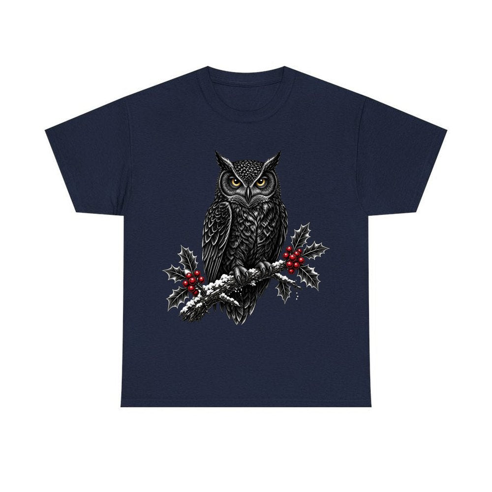 Black Owl On Holly Branch personalised Christmas T-shirt in navy
