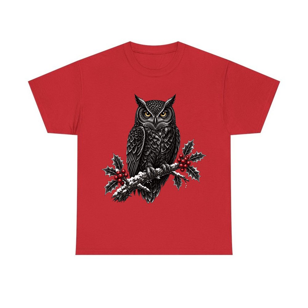 Black Owl On Holly Branch personalised Christmas T-shirt in red