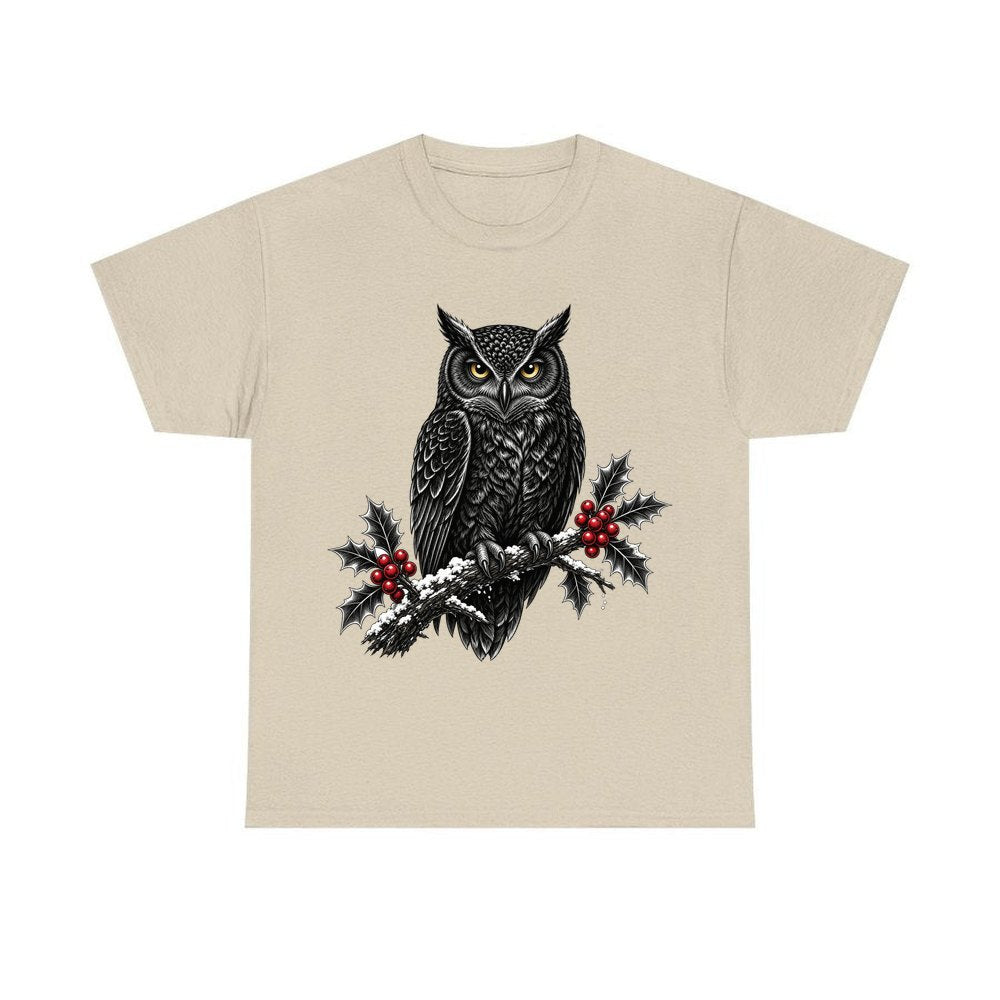Black Owl On Holly Branch personalised Christmas T-shirt in sand