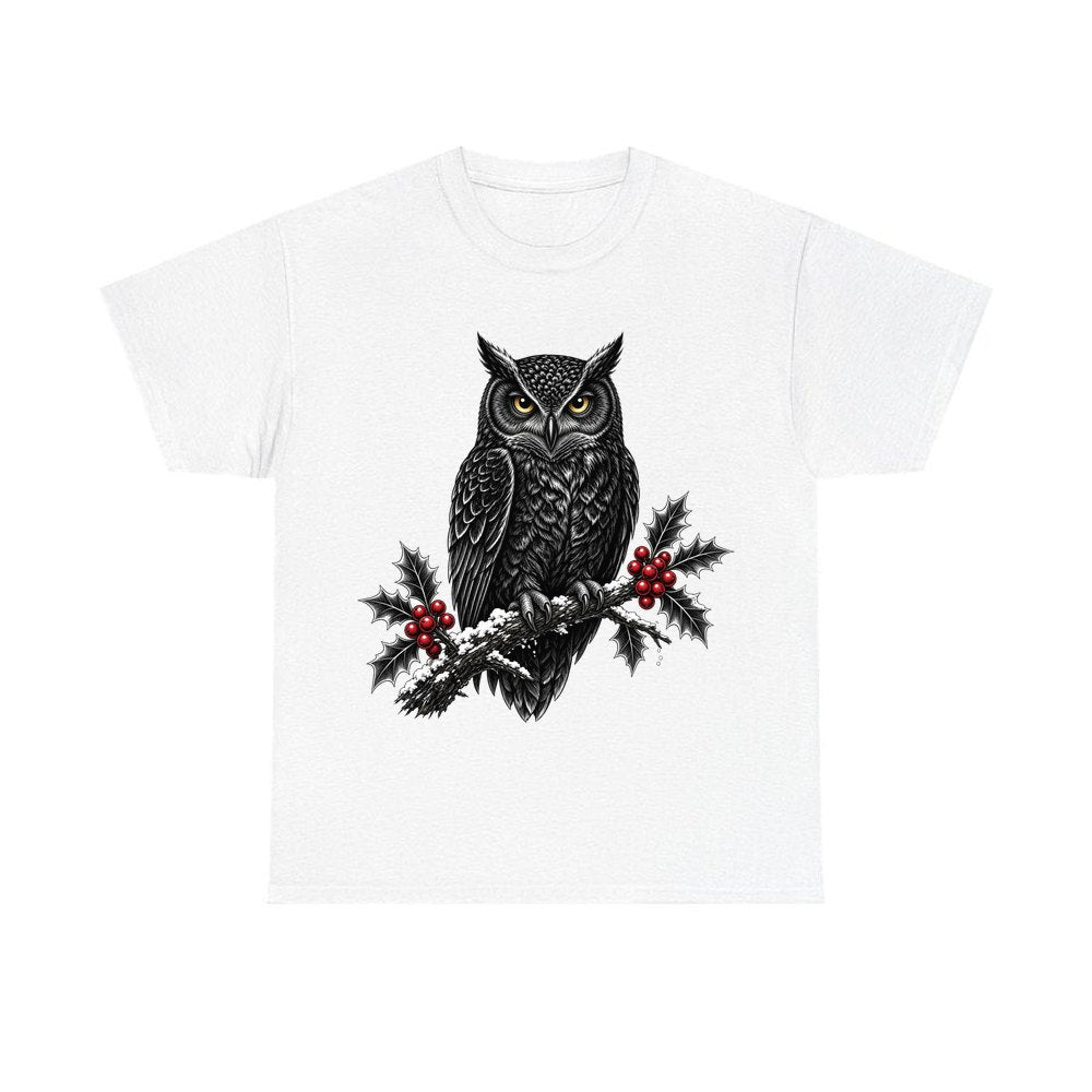Black Owl On Holly Branch personalised Christmas T-shirt in white